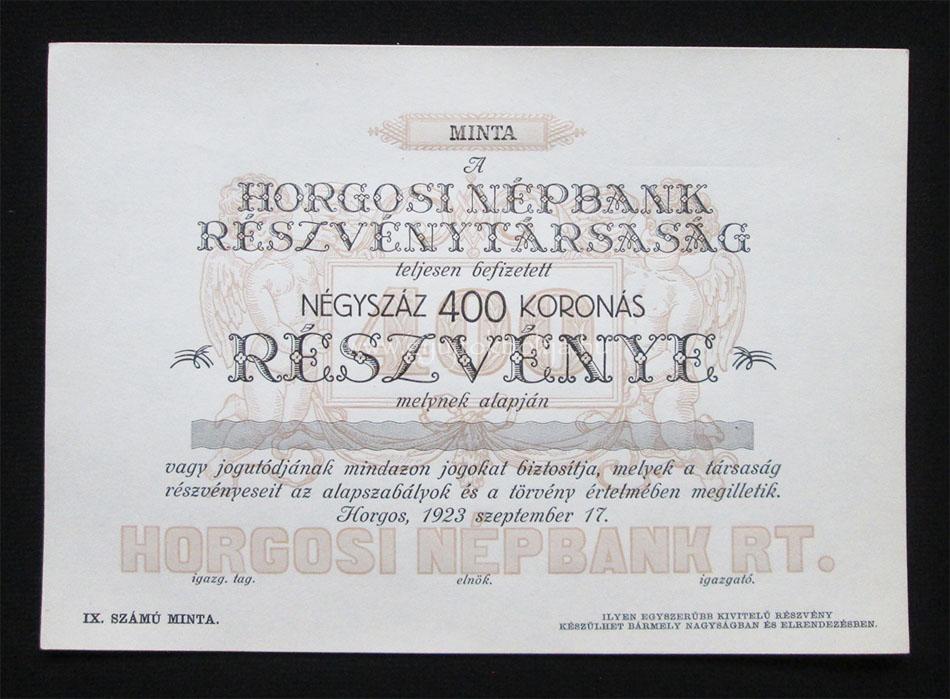 Horgosi Npbank Rszvnytrsasg rszvny 400 korona 1923 /SRB/